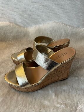GUESS Metallic Gold Cork Wedge Slide Sandals